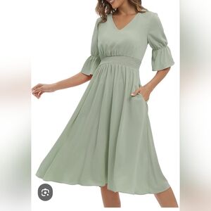 Chic Sage Midi Dress with Puff Sleeves